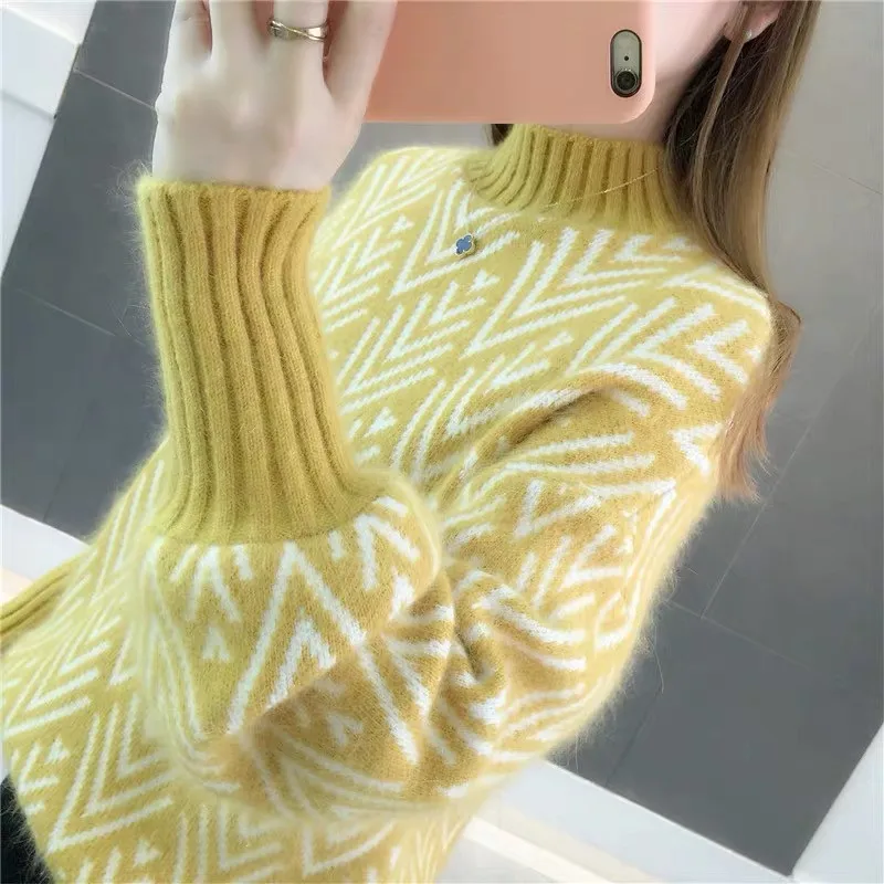 Осень-зима, вязаный женский свитер, новинка, корейская мода, свободные, с коротким рукавом-фонариком, свитера, пуловеры XA404