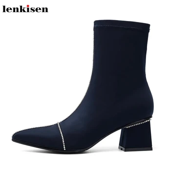 

Lenkisen stretch fabric high heels pointed toe fashion crystal studded beauty lady party winter keep warm women ankle boots L99