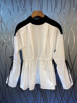 

2020 Early Autumn New Women's round Neck Color Matching Stitching Decorations Sleeves Lace-up Waist Hugging Loose Shirt 801
