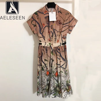 

AELESEEN Runway Fahsion Summer Shirt Dress 2020 High Quality Designer Flower Print Button Turn-Down Collar Knee-Length Dress