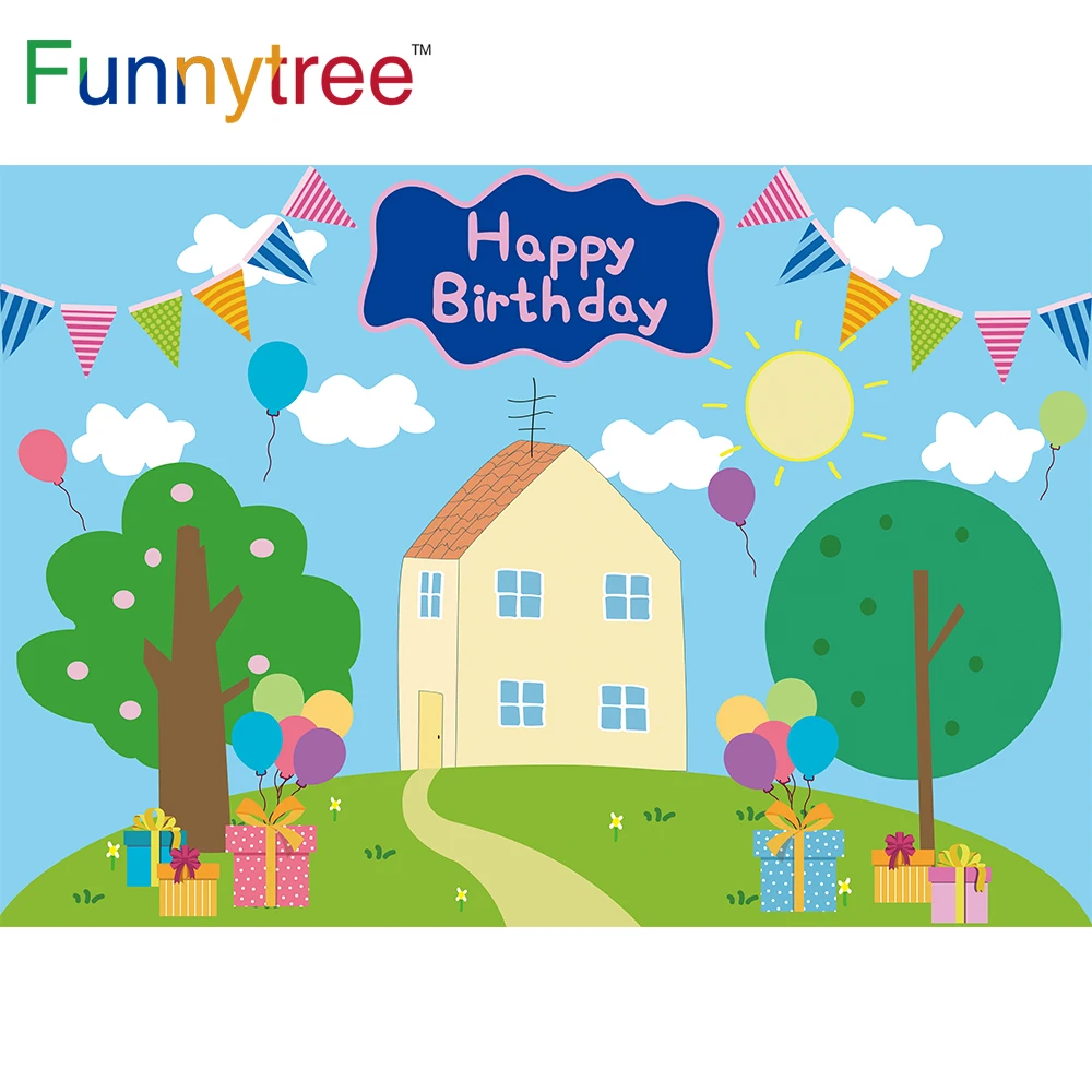 Birthday Background Balloon Backdrop-Photo-Banner Cloud-Grass Shower-Party Kids Blue