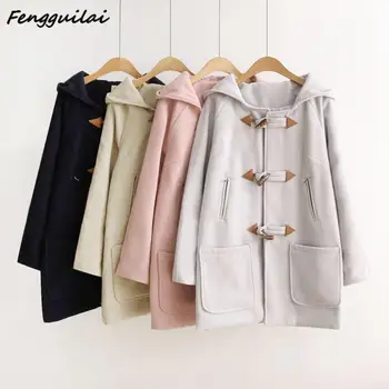 

FENGGUILAI 2020 New Green Grey Navy Cow Horn Buckles Coats Women Autumn Winter Long Woolen Coat Hooded Student Cute Small Coat