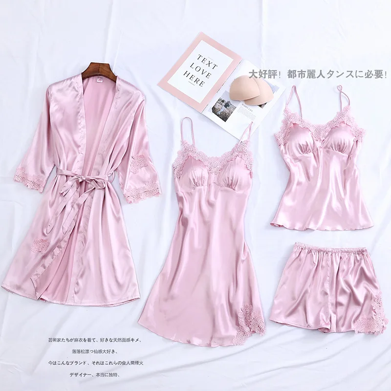 

2020 Spring New Products Robe Female Summer Four-piece Set-Women's Sexy Nightgown Shorts Ice Silk Bathrobe Lace Gown