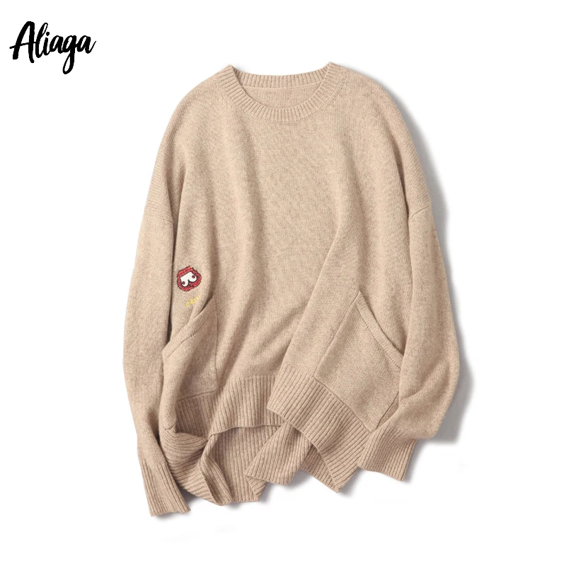 Aliaga, корейский стиль, женские свитера и пуловеры, кашемир, женский свитер большого размера, вязаный, осенний, свободный, белый джемпер