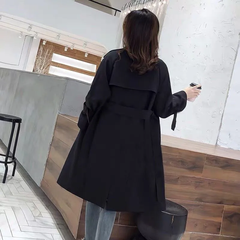 Sungtin Модный женский длинный Тренч с поясом, женское офисное пальто, черный шикарный двубортный Тренч, Повседневная Весенняя Осенняя верхняя одежда
