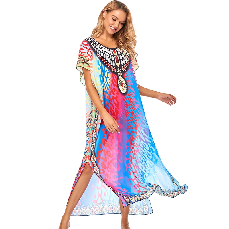 

2020 Bohemian Dress Plus Size Bikini cover up Vestido de Mujer Beach Tunic with Wrinkle Positioning Print Holiday Women Dress