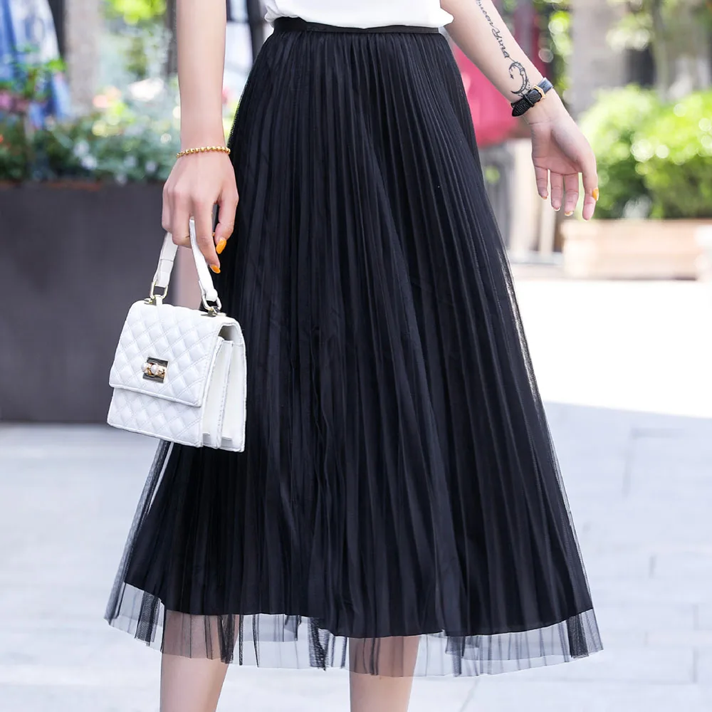 

Skirts Women Summer Black Pleated Womens Skirts Long Skirts New Fashion Patchwork Casual Metallic Skirt Female Streetwear