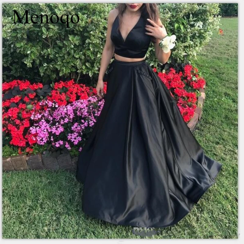 Элегантное женское платье трапециевидной формы из двух частей, атласное платье с бретелькой на шее, черное платье для выпускного вечера, длина до пола, вечерние платья, вечерние платья, P37AU13 - Цвет: Черный