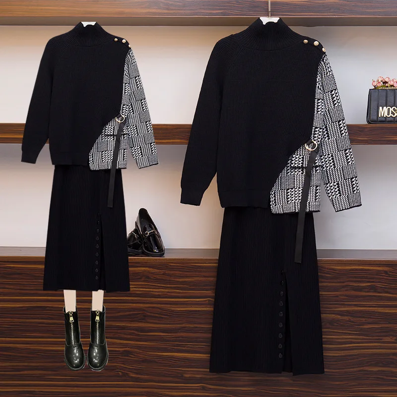 

Large Size Dress 2019 Autumn And Winter New Style Fat Mm Scheming Set Loose-Fit Knit Low Waist Jersey Skirt Two-Piece Set Fashio