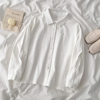

Solid All Match Women White Shirts Summer New Turn-Down Collar Long-Sleeved Loose Lady Work Thin Outwear Tops
