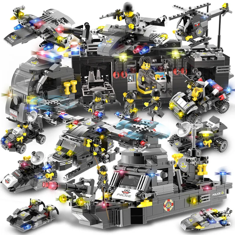 Ceny 792 sztuk Navy SEALS wojskowy helikopter okręt wojenny policja SWAT LegoINGs zestawy klocków budowlanych Playmobil Technic DIY dzieci cegły zabawki