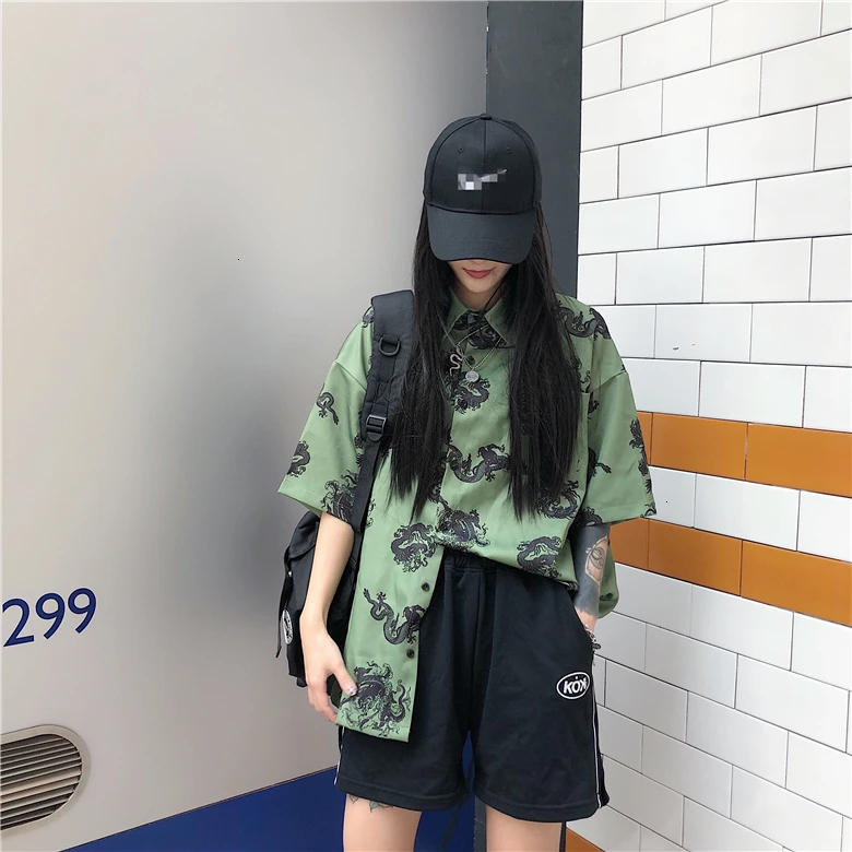 Новая повседневная рубашка с изображением китайского дракона Harsjuku зеленая