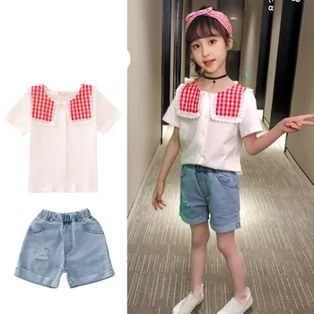 

Girl Clothes Set Kid Girls Plaid Turn Down Collar Tops T-shirt + Denim Short Pants Jeans Two Pieces Outfits Children Clothes Set