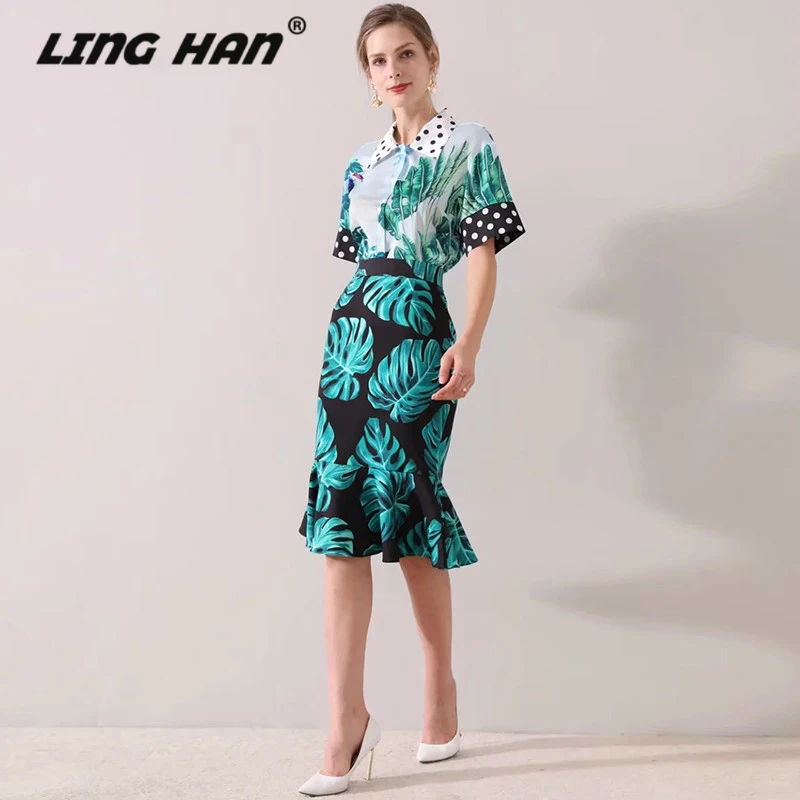 LINGHAN/Модный комплект с принтом; рубашка с отложным воротником и короткими рукавами; топ+ тонкая юбка русалки; комплект из двух предметов; Дизайнерская одежда; сезон весна-лето; Новинка