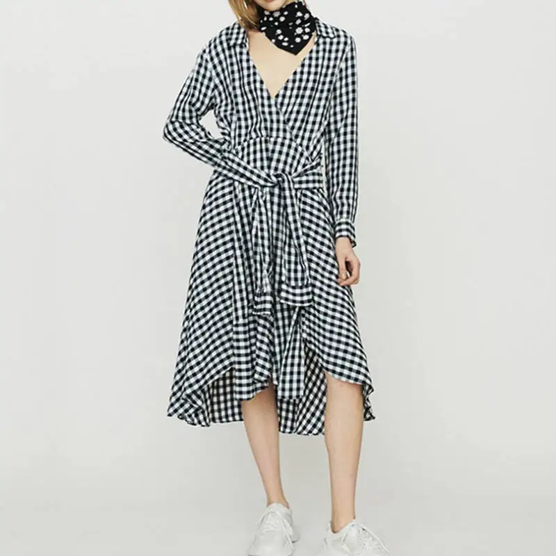 

Summer Women Midi Dress Long Sleeve V Neck Elegant Lady Office Asymmetric dress Plaid Tunic Bandage Clothing