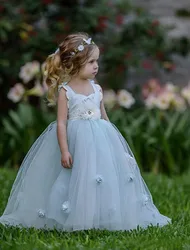 Light Sky Blue Wedding Flower Girls Dresses Ball Gowns Lovely 3D Flowers Floor Length Princess Gowns Birthday Dress