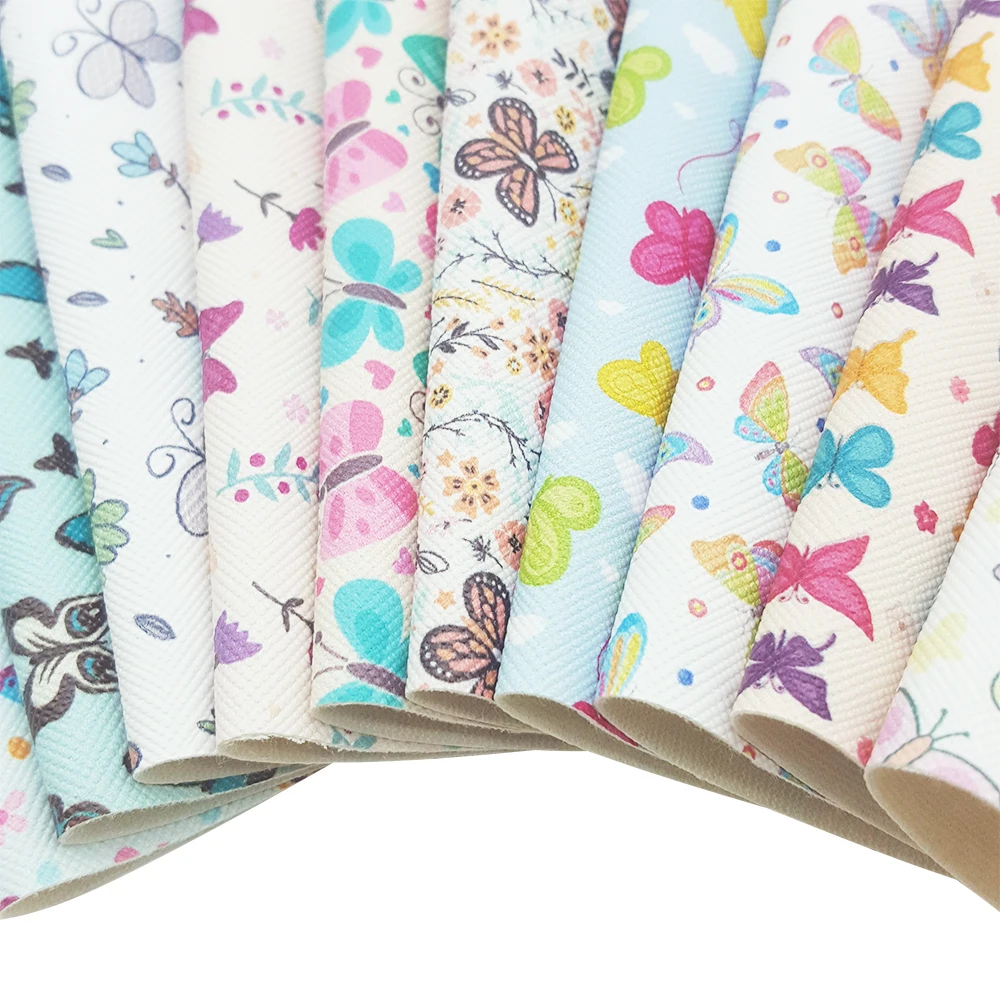 QIBU 22*30cm Butterfly Printed Synthetic Leather Cartoon Cute Animals Vinyl Fabric Sheets A4 DIY Hair bow Earring Bags Materials