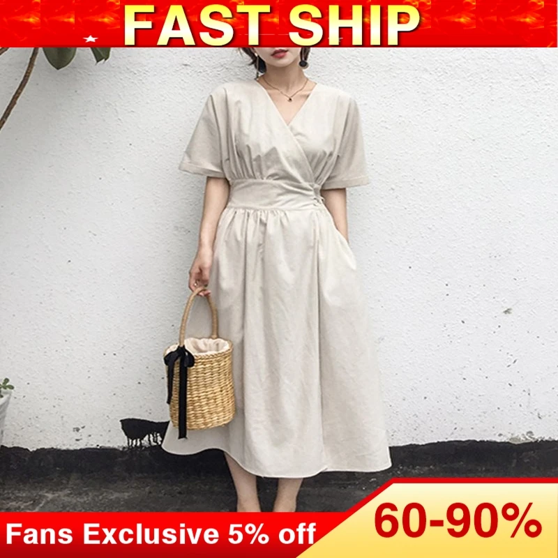 Летнее офисное женское элегантное винтажное платье миди в японском стиле