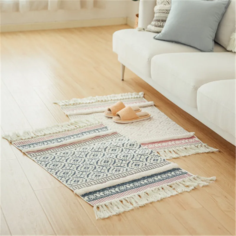 

60X90 cm Vintage Rug Sofa Living Room Bedroom Rug Cotton Tassels Carpet Yarn Dyed Table Bedspread Tapestry Home Decoration