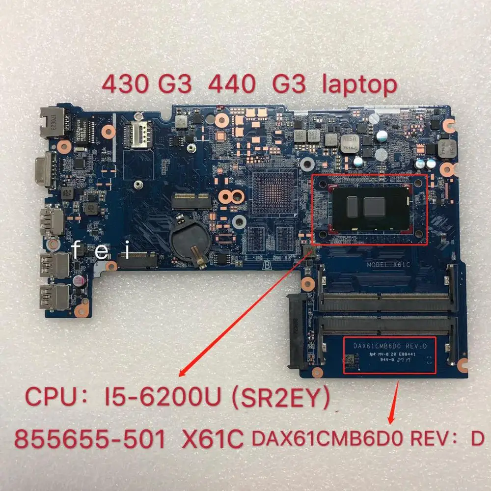 Материнская плата для ноутбука HP Probook 855655 G3 601-001 430-440 DAX61CMB6D0 DDR4 Процессор: I5-6200U SR2EY