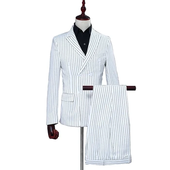 

2020 White Striped Classic Men's Suit Formal Dress A Slim Casual Captain Costume