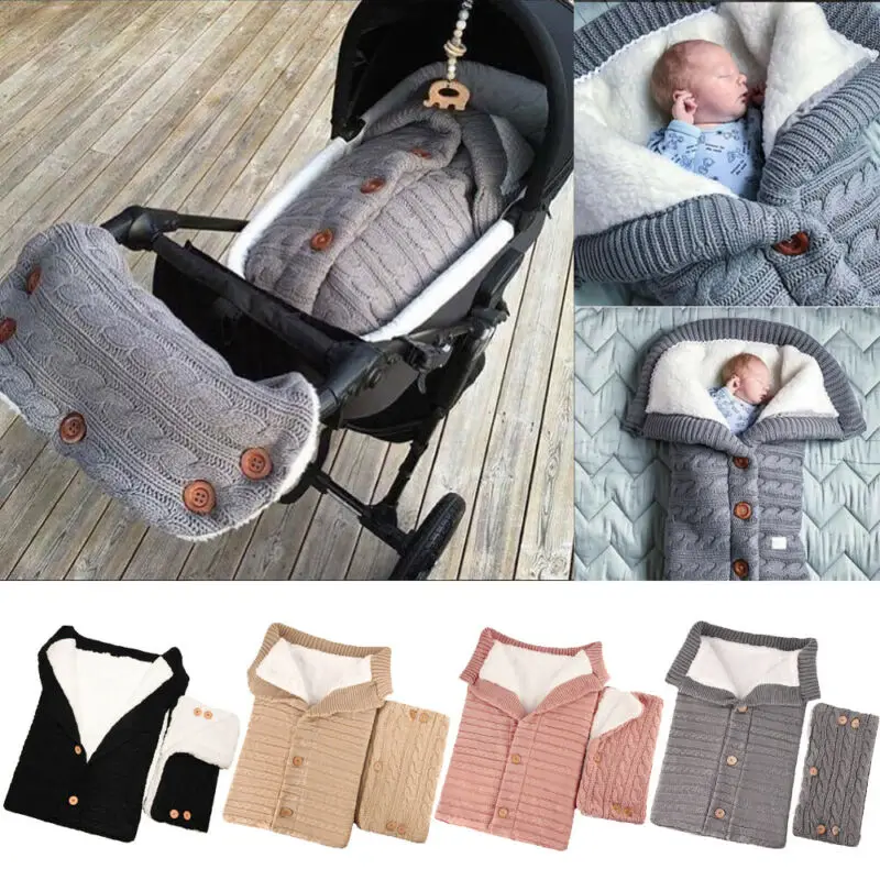 Online Neugeborene Baby Swaddle Wrap Warme Decke Stricken Schlafsack + Pram Handlauf Sets 2Pcs Baby Warme Weiche Plüsch Schlaf taschen