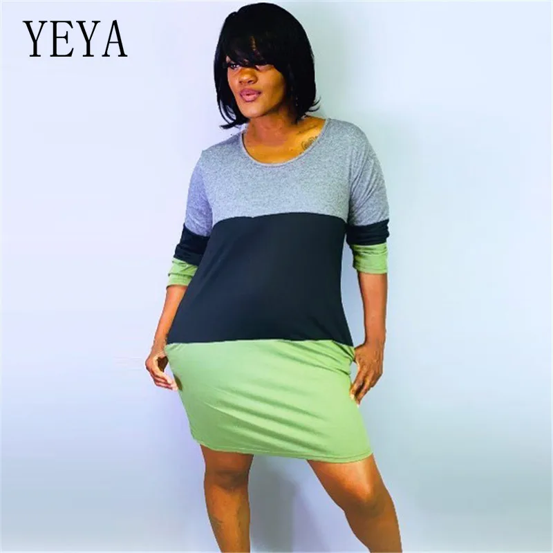 

YEYA Color Block Patchwork T Shirt Dress O-Neck Three Quarter Contrast Color High Waist Short Casual Dress Streetwear