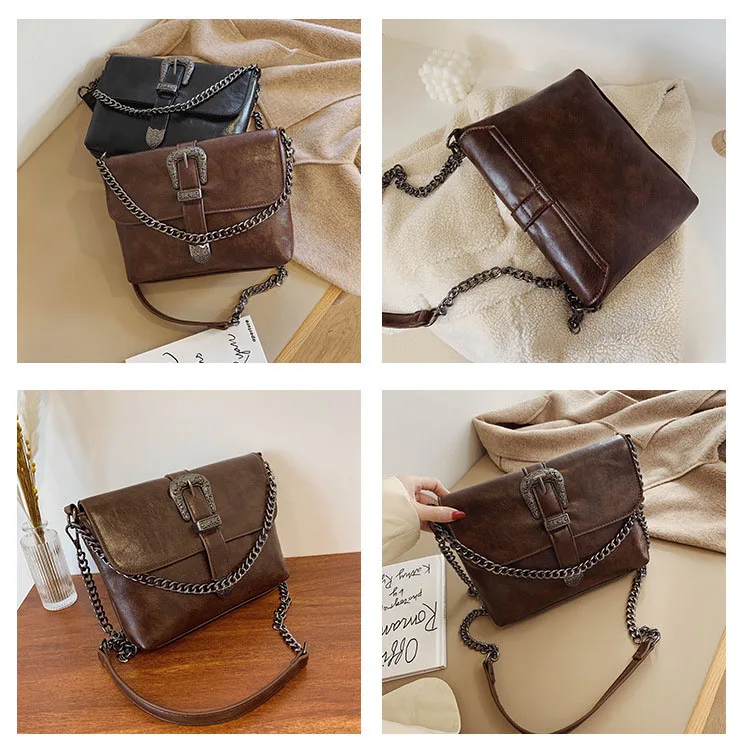 Vintage Messenger Bags Women Leather Chain Cross Body Brand Bag for Female Shoulder Messenger Bags with Strap Buckle Brown Black (7)