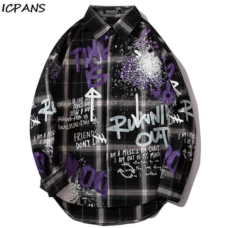 

ICPANS Graffiti Ink Print Long Sleeve Plaid Shirts Hip Hop Hipster Dress Shirts Coats Streetwear Fashion Casual Punk Rock Tops