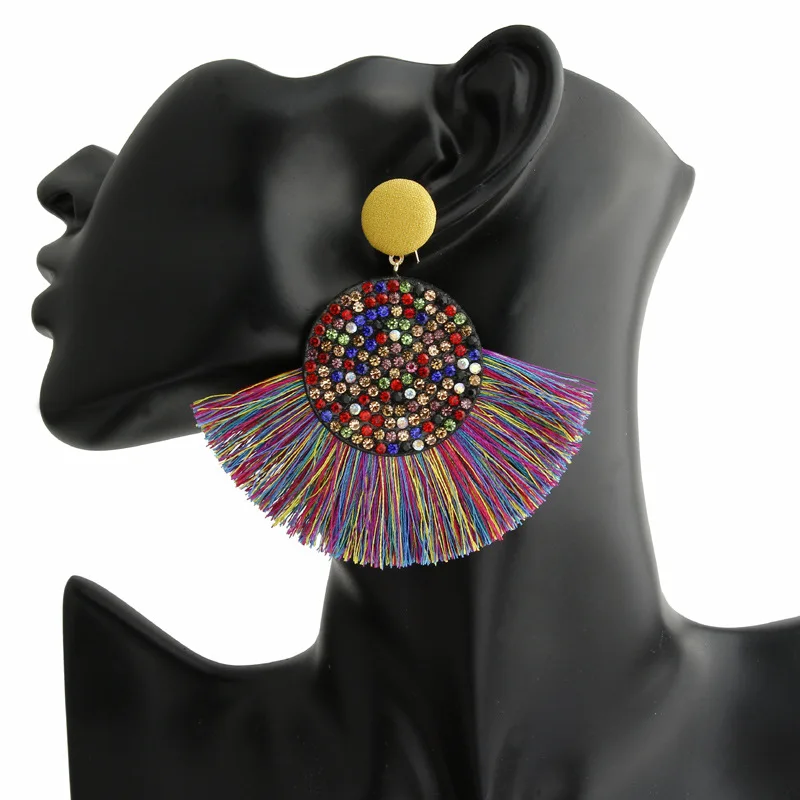 2019 Bohemian Handmade Crystal Fringe Tassel Drop Earrings for Women Statement Geometric Big Round Beads Long Jewelry | Украшения и