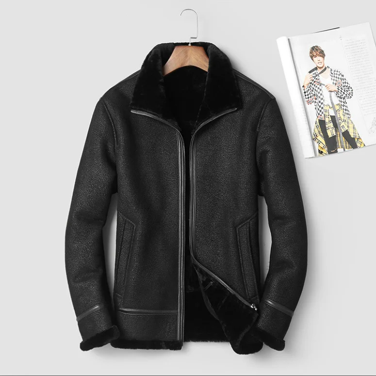 

Boollili 2020 Genuine Leather Jacket Men Winter Sheepskin Coat 100% Wool Lining Vintage Men's Leather Jackets
