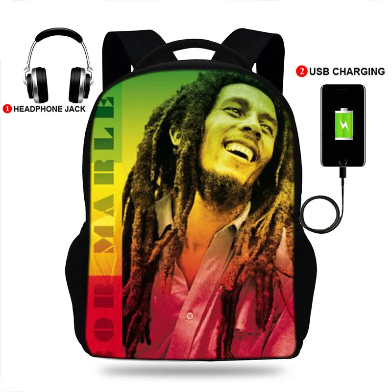 Precio Especial Mochila con carga USB para hombre y mujer, morral con estampado de Bob Marley para estudiantes, niños y niñas, bolsa de viaje para ordenador portátil jYQOMEdl66V