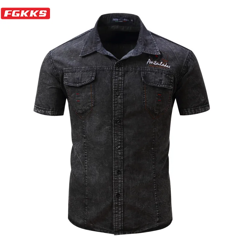 

FGKKS Fashion Brand Men Short Sleeve Shirt Autumn New Men's Business Casual Shirt Male Cotton Retro Denim Shirts EU Size