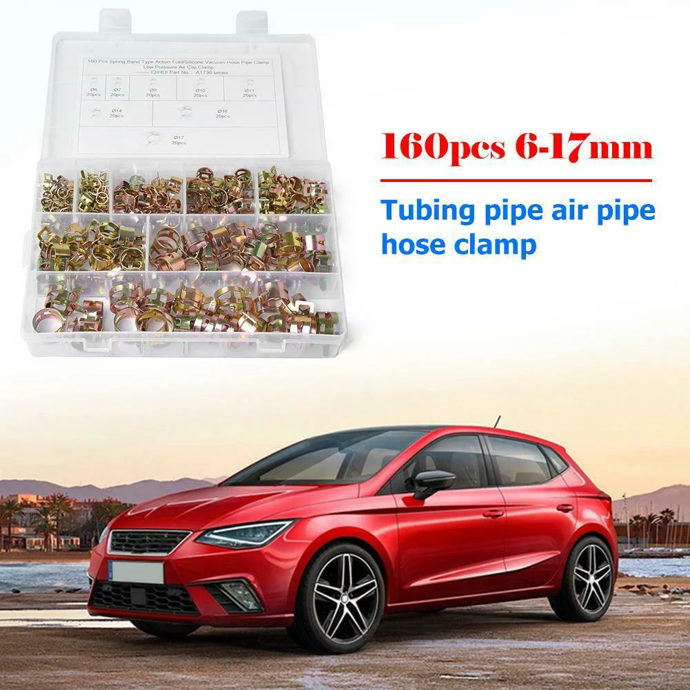 

160pcs/set Vacuum Hose Car Steel Assortment Fastener Air Tube Durable With Box Clamps 6-17mm Accessories Fuel Line Spring Clip