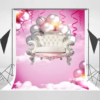 

Girl Happy 16th 21st Birthday Photo Background Silver Balloons Pink Backdrop White Sofa Party Decor Banner Photography Backdrop