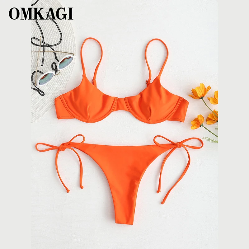 OMKAGI New Bikini Solid Swimwear Women Mini Thong 2021 Summer Swimsuit Bikini Set Brazilian Biquini Push Up Swimsuit Female womens swimwear