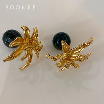

Vintage exaggerated three-dimensional gold flower marble ball hanging after hanging double-use earring earrings