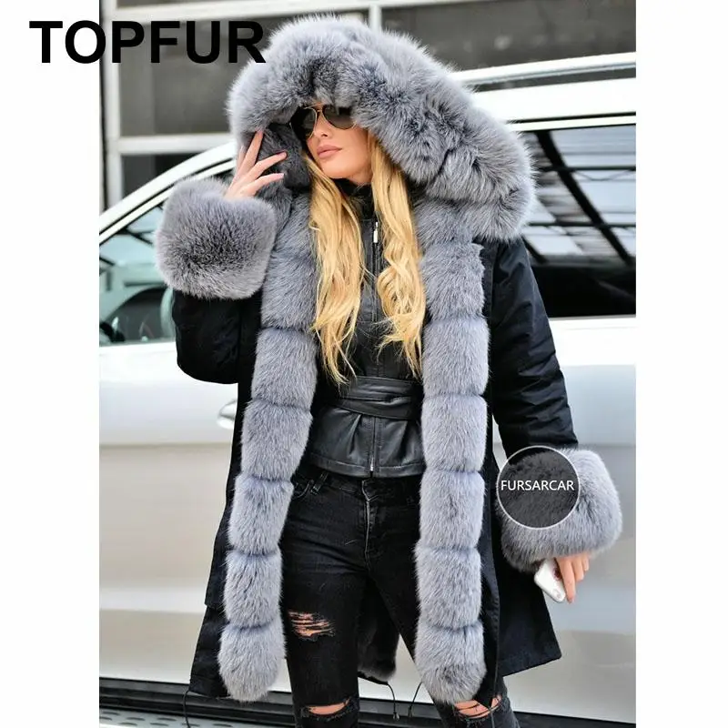 Роскошная Черная Женская парка с натуральным мехом лисы воротник кроличьим