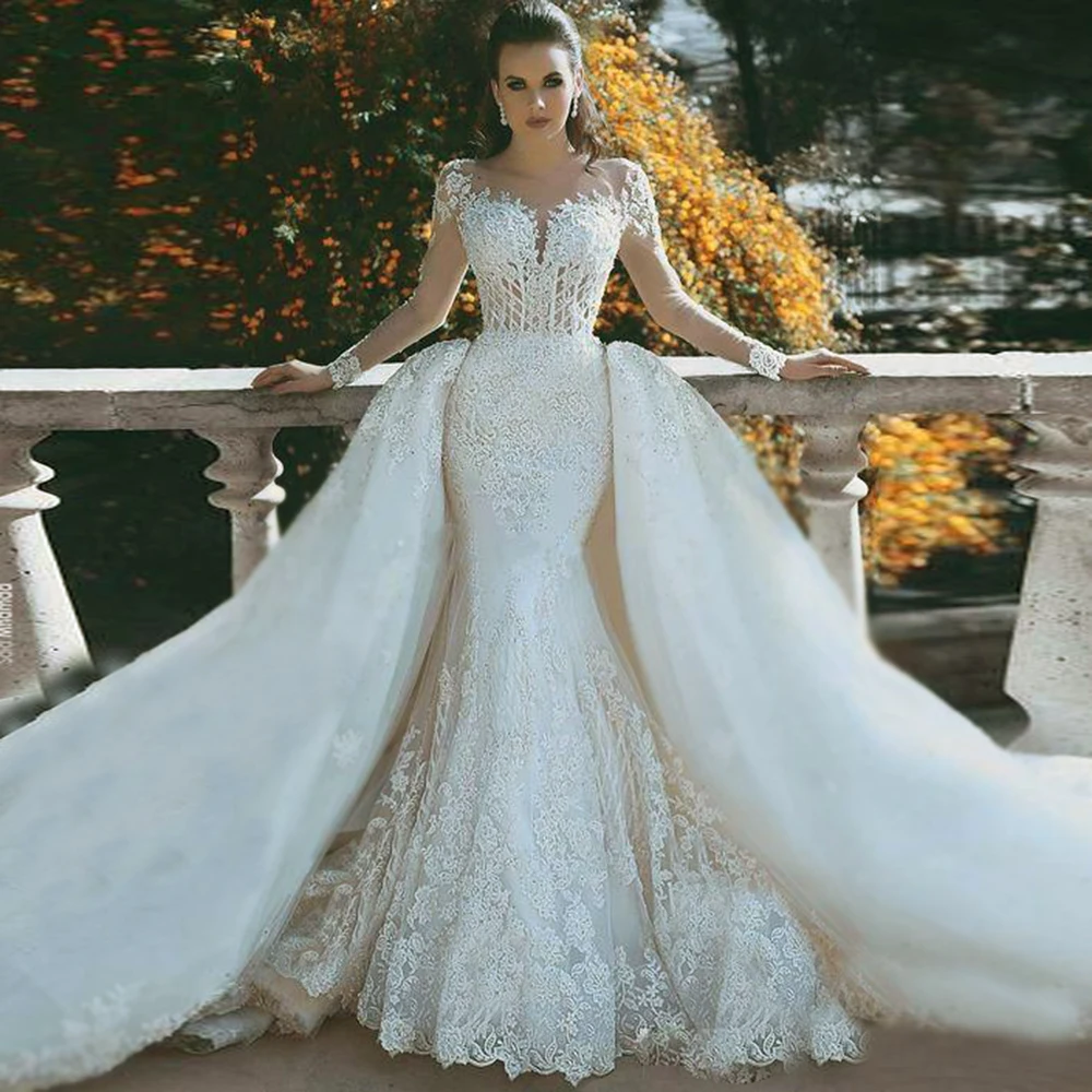 Robe De Marriage Bride Ivory Long Sleeves Backless Bridal Dresses With Detachable Train Lace Appliques 2PCS Mermaid Wedding Gown | Свадьбы и