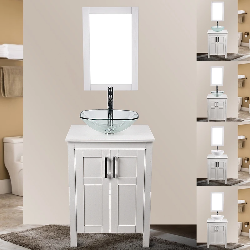 White Bathroom Vanity Cabinet Wood Top Vessel Sink Basin Bowl