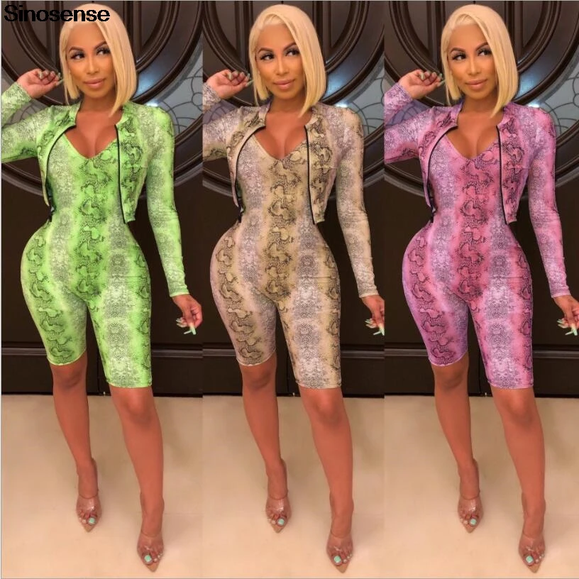 

New Fashin Snake Skin Two Piece Set 2019 Coat+Bodycon Playsuit Matching Sets Women Sportswear Tracksuit Casual 2 Piece Outfits