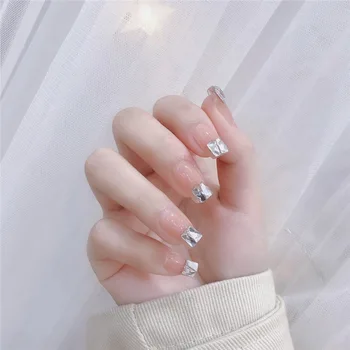 

24pcs/box fake nails french manicure white zircon diamond coffin nails press on nails designs nail art
