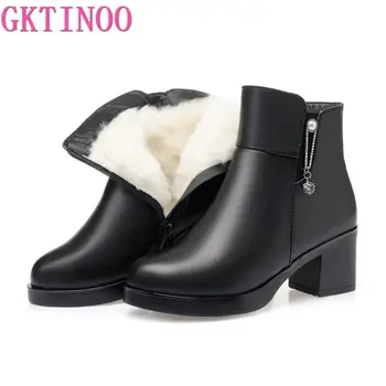 

GKTINOO 2019 Women Snow Boots Vintage Genuine Leather Natural Wool Fur Winter Warm Ankle Boots For Women High Heels Shoes