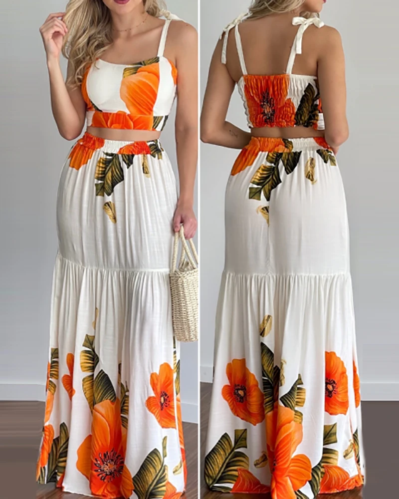 2021 Summer Floral Print 2 Peice Set Women Matching Sets Skirt Tied