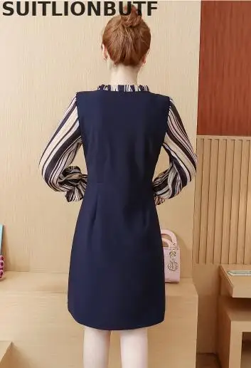 5xl Полосатое платье из двух частей с вышивкой, большие размеры кружевное платье с круглым вырезом и длинными рукавами осеннее платье с расклешенными рукавами в Корейском стиле