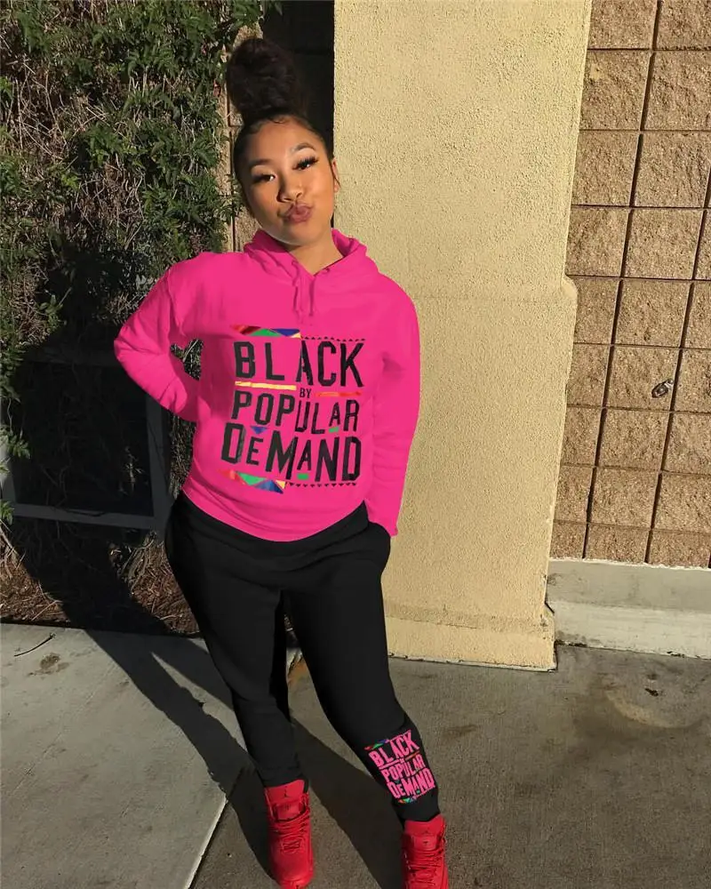 Najtaniej Kobiety 2 sztuka stroje czarny przez popularne popytu litery bluzy z kapturem i legginsy spodnie odzież sportowa jesień tkaniny zestaw C81303