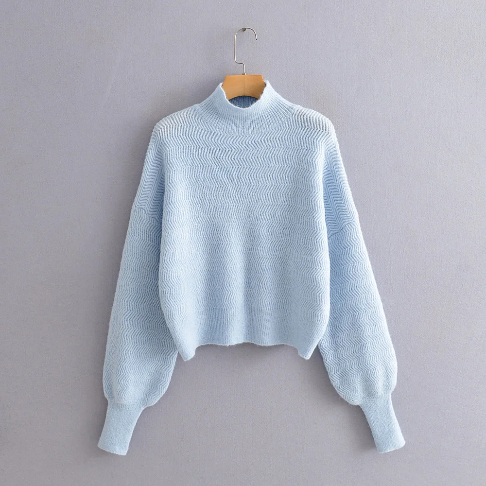 Мода Za, женские свитера, зимний женский свитер с высоким воротом, однотонный Повседневный вязаный пуловер с рукавом-фонариком, джемпер, Женский Топ - Цвет: Blue