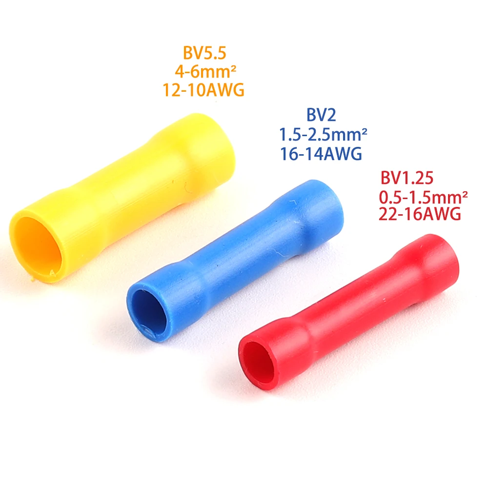 PVC Copper Conductor Insulated Straight Wire Butt Connectors Electrical Wire Cable Crimp Terminals Set BV1.25 Red BV2 Blue BV5. wire connectors terminal connector electrical connectors plug