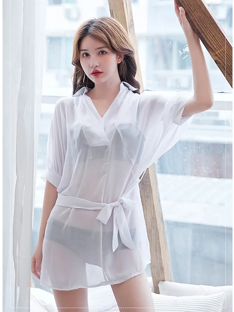

Elegant Slim White Blouses Women Summer Thin Chiffon Shirt Translucent Nighty Casual Home Top Blouse Shirt Sweet Korean Style