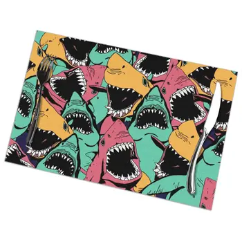 

6pcs Placemat for dining table Colorful Angry Shark With Open Mouth Heat-resistant Kitchen Dining Accessories